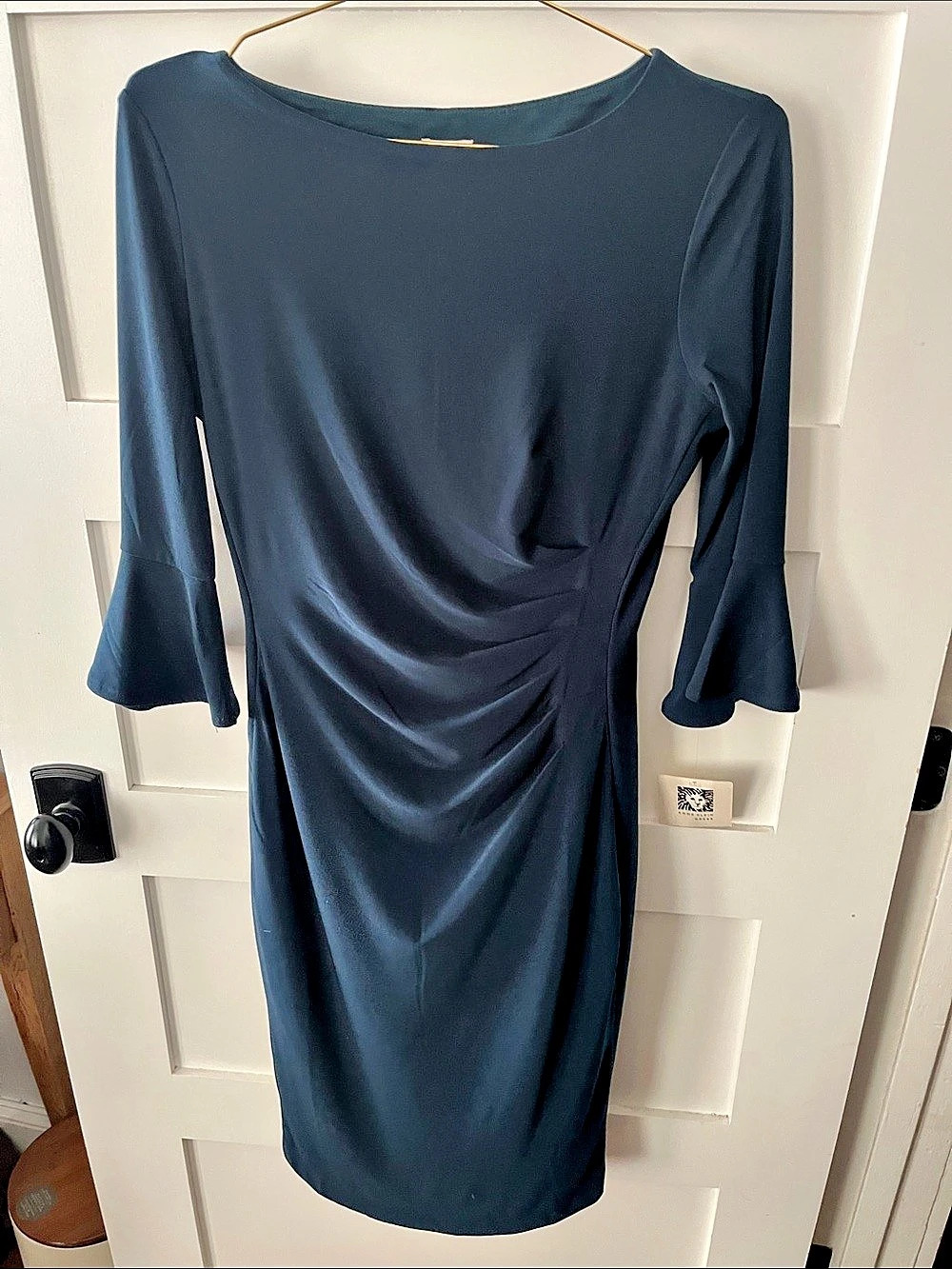 Anne Klein Side Ruched Bell Sleeve Midi Dress Teal Size 4